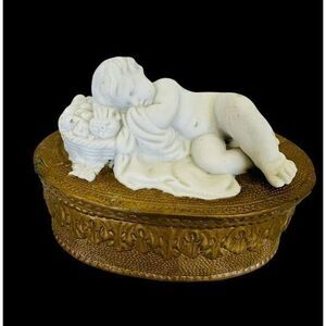 Vintage Sleeping Cherub On‎ Fruit Basket Blanket Porcelain Trinket Jewelry Box